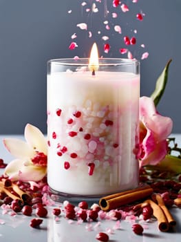 Soothing candle with colorful petals and fresh lemon creates calming atmosphere. Ideal for enhancing wellness, lifestyle, and cozy home environments