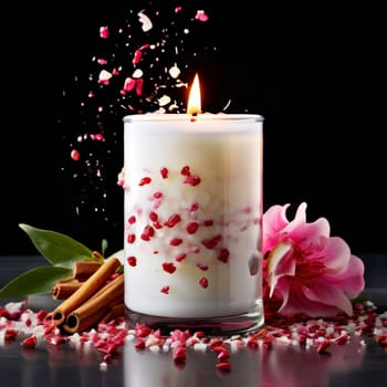 Soothing candle with colorful petals and fresh lemon creates calming atmosphere. Ideal for enhancing wellness, lifestyle, and cozy home environments