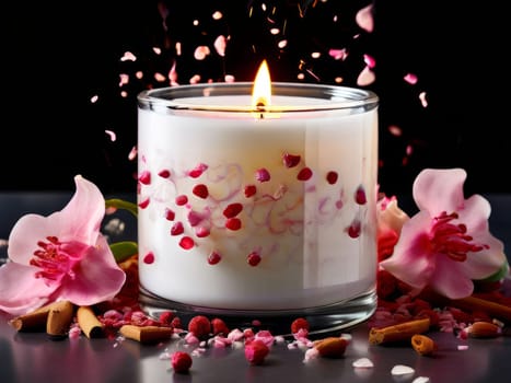 Soothing candle with colorful petals and fresh lemon creates calming atmosphere. Ideal for enhancing wellness, lifestyle, and cozy home environments