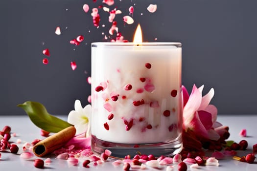 Soothing candle with colorful petals and fresh lemon creates calming atmosphere. Ideal for enhancing wellness, lifestyle, and cozy home environments