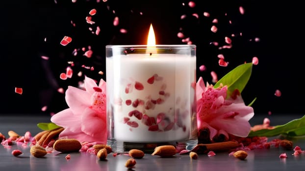 Soothing candle with colorful petals and fresh lemon creates calming atmosphere. Ideal for enhancing wellness, lifestyle, and cozy home environments