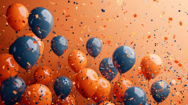Electric blue and orange balloons and confetti cascading down on a vibrant orange backdrop, creating a colorful and festive scene reminiscent of a lively celebration