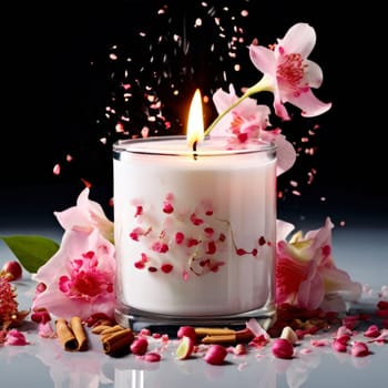 Soothing candle with colorful petals and fresh lemon creates calming atmosphere. Ideal for enhancing wellness, lifestyle, and cozy home environments