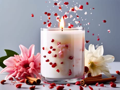 Soothing candle with colorful petals and fresh lemon creates calming atmosphere. Ideal for enhancing wellness, lifestyle, and cozy home environments