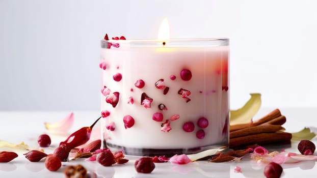 Soothing candle with colorful petals and fresh lemon creates calming atmosphere. Ideal for enhancing wellness, lifestyle, and cozy home environments