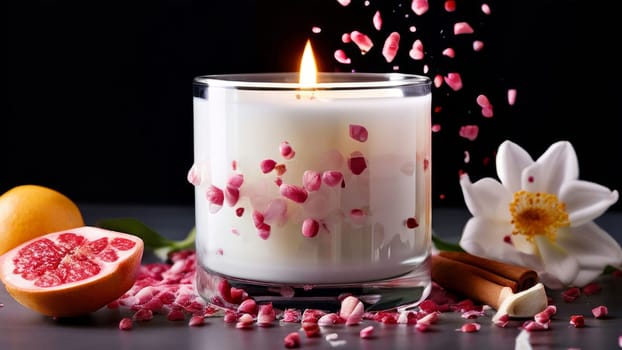 Soothing candle with colorful petals and fresh lemon creates calming atmosphere. Ideal for enhancing wellness, lifestyle, and cozy home environments