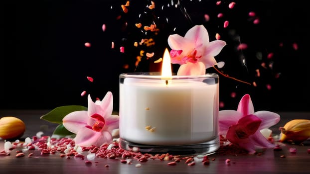 Soothing candle with colorful petals and fresh lemon creates calming atmosphere. Ideal for enhancing wellness, lifestyle, and cozy home environments