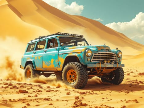 Light blue and yellow vintage custom off-road vehicle driving fast on sand dunes in a desert environment, kicking up dust. Ai generated