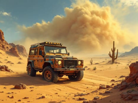 Off-road vehicle is driving through a desert landscape as a large sandstorm approaches. Ai generated