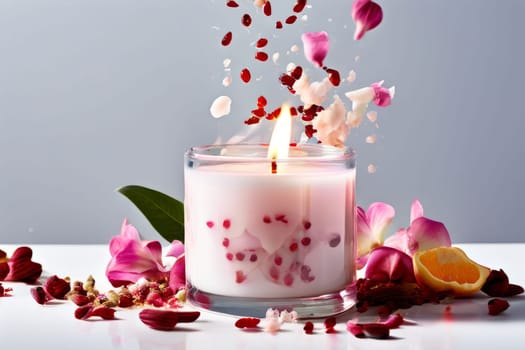 Elegant candle surrounded by vibrant petals, fresh fruits, and aromatic spices. Perfect for creating a cozy atmosphere, ideal for wellness, home decor, and holiday themes