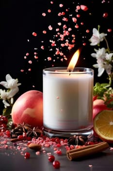 Elegant candle surrounded by vibrant petals, fresh fruits, and aromatic spices. Perfect for creating a cozy atmosphere, ideal for wellness, home decor, and holiday themes