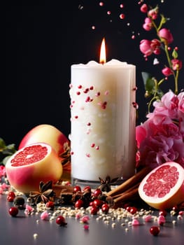 Elegant candle surrounded by vibrant petals, fresh fruits, and aromatic spices. Perfect for creating a cozy atmosphere, ideal for wellness, home decor, and holiday themes