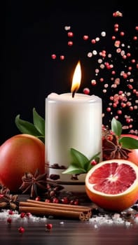 Elegant candle surrounded by vibrant petals, fresh fruits, and aromatic spices. Perfect for creating a cozy atmosphere, ideal for wellness, home decor, and holiday themes