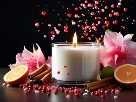 Elegant candle surrounded by vibrant petals, fresh fruits, and aromatic spices. Perfect for creating a cozy atmosphere, ideal for wellness, home decor, and holiday themes