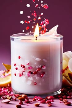 Elegant candle surrounded by vibrant petals, fresh fruits, and aromatic spices. Perfect for creating a cozy atmosphere, ideal for wellness, home decor, and holiday themes