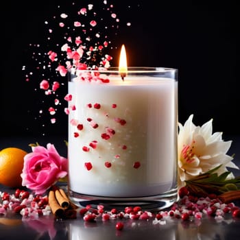 Elegant candle surrounded by vibrant petals, fresh fruits, and aromatic spices. Perfect for creating a cozy atmosphere, ideal for wellness, home decor, and holiday themes