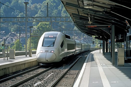 A train is traveling down the tracks at a train station. The train is long and white, and it is surrounded by a lot of greenery. The train is the main focus of the image, and it is moving quickly