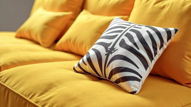 Zebra skin print on a cushion on a yellow sofa with plush cushions. Concept of using natural animal prints in textiles and interior decor.
