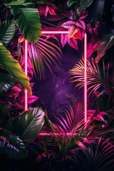 In the darkness of midnight, a neon frame stands out in the jungle, surrounded by terrestrial plants in shades of purple, pink, magenta, and electric blue