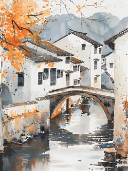 A picturesque watercolor painting of a bridge spanning a river with buildings in the background, capturing the beauty of the natural landscape