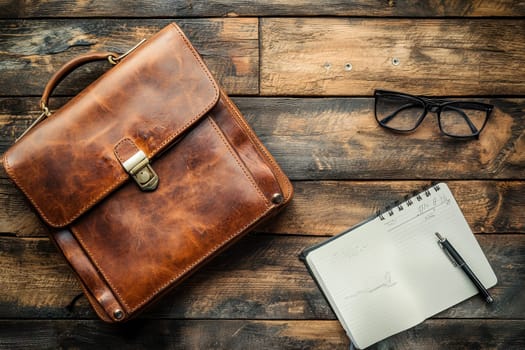 A leather briefcase sits on a wooden table with a notebook and pen. The briefcase is brown and has a leather strap. The notebook is open to a page with a pen on it