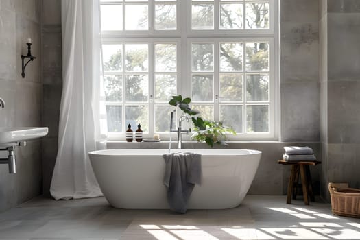 A bathroom with a rectangular bathtub, sink, window, and wood flooring. The plumbing fixtures and plants add a touch of elegance