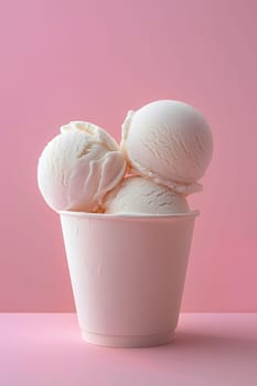 Delicious vanilla ice cream scoops in a white cup against a pink background
