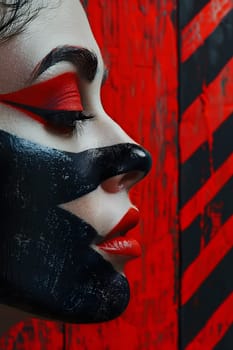 A fictional character with black and red makeup adorning her face, showcasing intricate artistry with lipstick on her lips and carmine painting on her jaw. A visual arts masterpiece in textile form