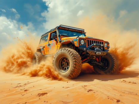 Offroad car speeding through the desert, kicking up a dramatic cloud of dust while navigating the sandy dunes under a bright sun. Ai generated