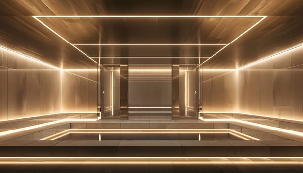 The room is adorned with rectangular fixtures emitting gas and metal or composite material, creating symmetry on the walls and ceiling