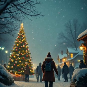 winter holidays landscape people walks snow evening new year christmas tree holiday. High quality photo
