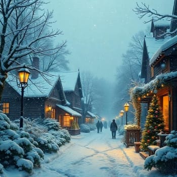 winter holidays landscape people walks snow evening new year christmas tree holiday. High quality photo