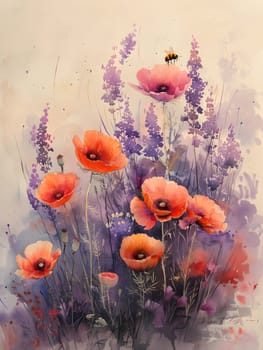 A creative arts piece depicting red and purple flowers, including corn poppies and oriental poppies, with a bee in the center, showcasing the beauty of flowering plants