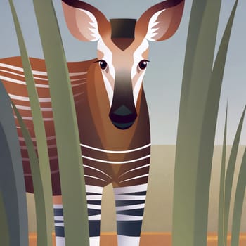An okapi stands quietly among tall grass at dusk, showcasing its unique coat patterns in a tranquil environment with subtle lighting - Generative AI