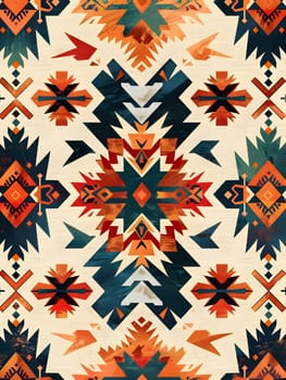 A vibrant geometric tribal pattern with bold colors and symmetric elements.