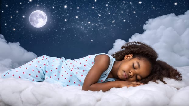 An african american young girl sleeps soundly on fluffy clouds, surrounded by twinkling stars and a bright full moon in the clear night sky - Generative AI