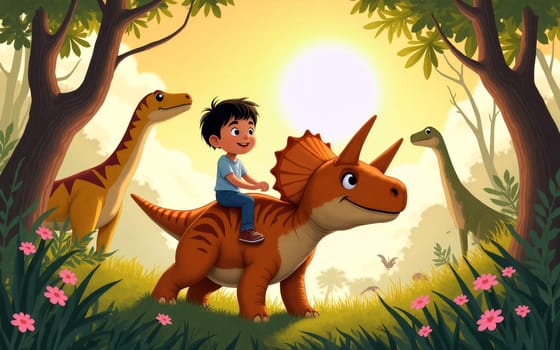 A young boy rides a friendly triceratops dinosaur while two others watch in a colorful forest setting during a bright, sunny day - Generative AI