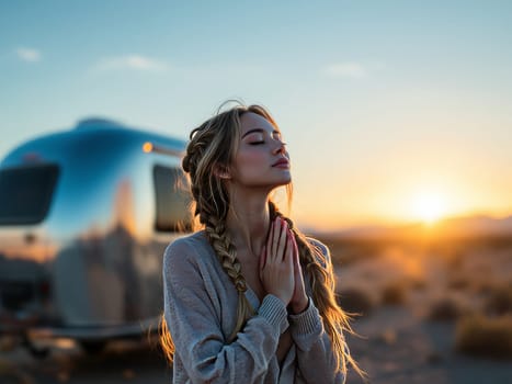 Serene young woman meditating with hands together in prayer pose at sunset in front of her camper trailer, enjoying peace and spirituality in nature. Ai generated