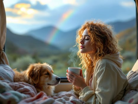 Young woman with curly hair relaxes in a camper van with her dog, enjoying a hot cup of coffee while admiring a rainbow in the mountains. Ai generated
