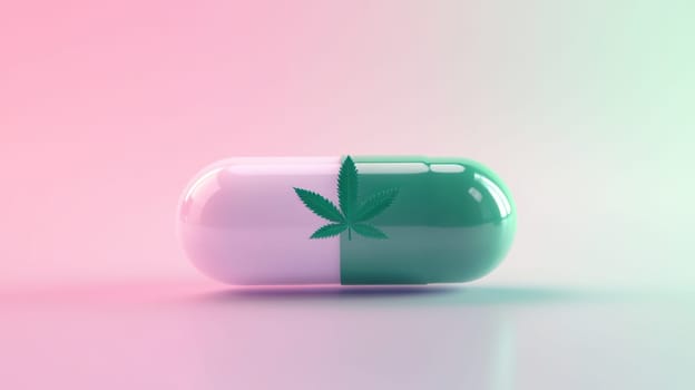 A green and white capsule featuring cannabis leaf symbol on soft gradient background with glowing highlights, evoking sense of calm
