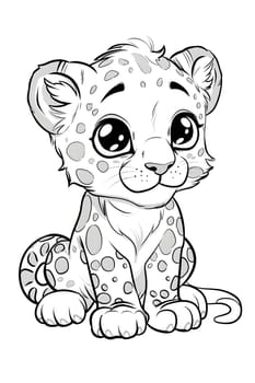 A cartoon depiction of a happy baby leopard, a felidae mammal, sitting down with a playful gesture. The drawing showcases the nose, jaw, and vertebrate of the cute animal, resembling a fun toy