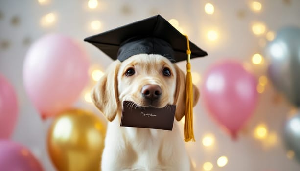 A playful Labrador puppy wearing graduation cap holds toy diploma in its mouth, surrounded by festive balloons and lights
