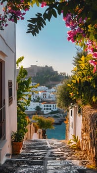 A quaint alleyway under the morning sky, leading to a small town with a castle in the background. Flowers blooming near historic buildings
