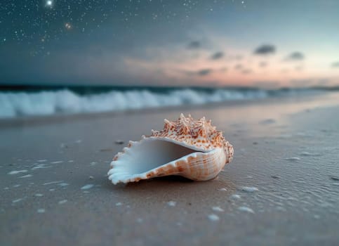 Seashell Treasure: smooth conch, ocean breeze, coastal elegance, shoreline serenity, beachside retreat, calming environment, romantic vibes, sea breeze, nature's artistry