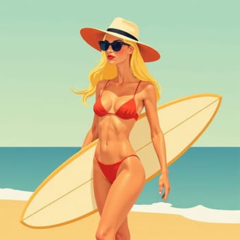 Blonde girl with surfboard at the ocean