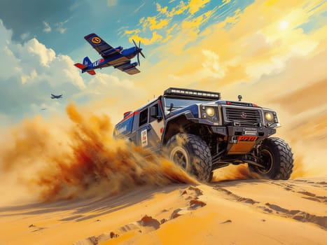 Powerful rally car speeding across desert sand dunes, kicking up dust, with airplane flying overhead, capturing the thrill and adventure of off-road racing. Ai generated