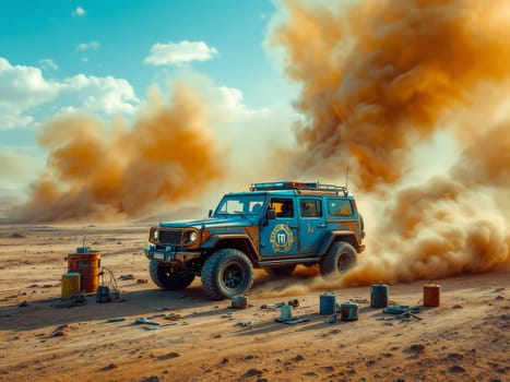 Blue suv driving in the desert leaving a large cloud of dust behind it, with some tools and canisters lying on the ground. Ai generated