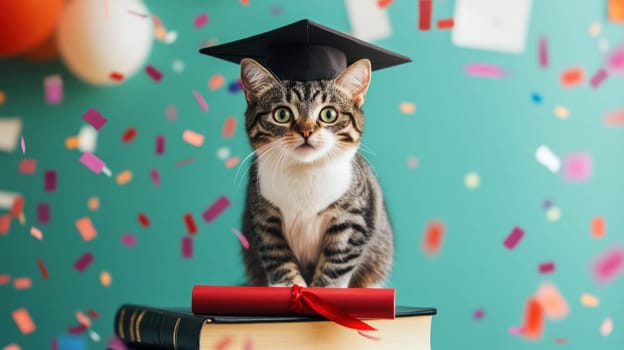 A playful cat wearing graduation cap sits on stack of books, surrounded by colorful confetti and diploma, celebrating joyful moment indoors