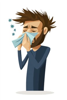 Cold symptoms display: sick individual, tissue use, virus prevention, protective mask, sneezing action, illness indication, respiratory care, germ spread, personal hygiene focus, seasonal ailment