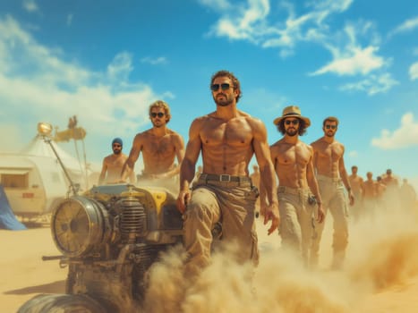 Group of shirtless muscular men walking in the desert followed by a custom off-road vehicle leaving a trail of dust. Ai generated